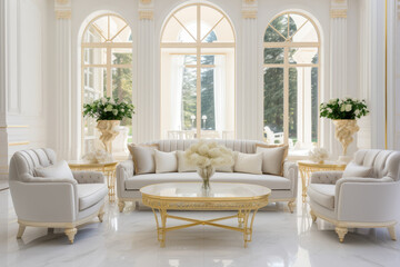 Elegant and Luxurious Living Room Interior in White and Gold Colors