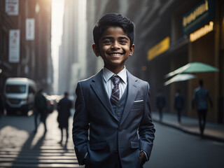 An Indian boy dressed in a suit standing against the background of a street in a big city. Business and children development concept. Generative Ai, Ai.