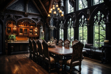 Fototapeta na wymiar A Stunning Gothic Inspired Dining Room Interior with Dark Colors and Exquisite Ornate Details