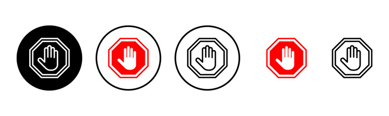 Stop icon set illustration. stop road sign. hand stop sign and symbol. Do not enter stop red sign with hand