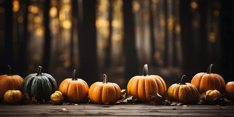 Keuken spatwand met foto Wooden table with pumpkins and defocused forest background, thanksgiving day concept, autumn © Gabriela