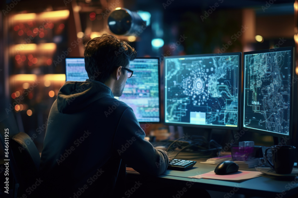 Poster a person works on coding and programming tasks, embracing the dynamic nature of technology for caree