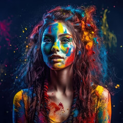 A beautiful Caucasian woman covered in colorful paint and dust, representing a creative concept. Generative Ai, Ai.