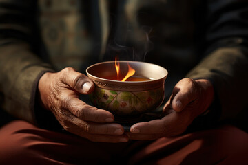 A person practices mindfulness while enjoying a cup of tea, emphasizing the importance of present-moment awareness for wellbeing. Generative Ai.