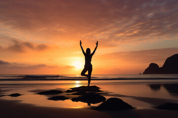 A person enjoys a sunrise yoga session on the beach, combining movement, nature, and mindfulness to enhance overall wellbeing. Generative Ai.