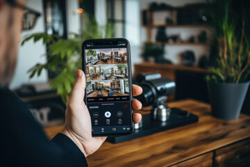 A person remotely monitoring their home security cameras on a smartphone to ensure safety. Generative Ai.