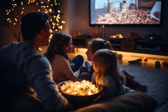 A Family Enjoying Movie Night With A Large Smart TV And Streaming Content From Various Platforms. Generative Ai.