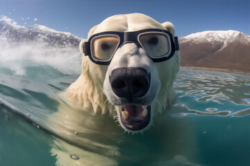 Polar Bear sunbathing in North Pole with scenic snow mountain view, create using Generative Ai Tools