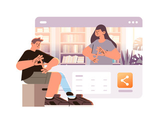 deaf man with replaced robotic leg communicate with woman using sign language disabled deaf-mute guy with prosthesis body part hearing disability