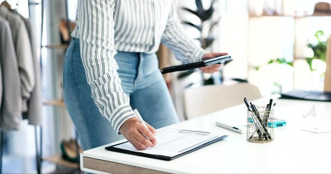 Woman, hands and tablet for checklist in clothing store, boutique or writing inventory on clipboard. Closeup of female person or small business owner with technology in schedule planning or orders