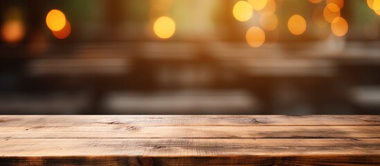 Blurry background with close-up wooden table.