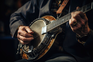 A close-up of a person's hand strumming a banjo, a quintessential instrument in American folk music. Generative Ai.