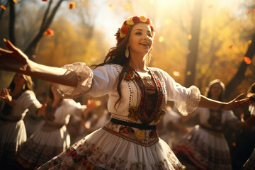 Folk dancers in Ukraine performing intricate traditional dances in traditional clothing. Generative...