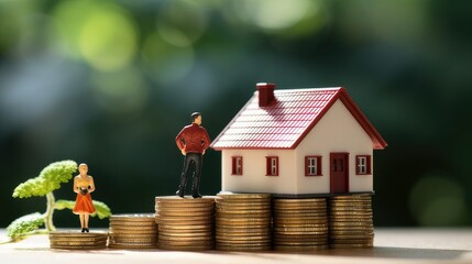 small model house on a table with a stack of coins. Concept for real estate and saving for a home. generative AI