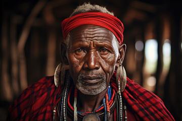 Naklejka premium A Kenyan storyteller adorned in Maasai attire recounting stories of the Maasai people's heritage. Generative Ai.