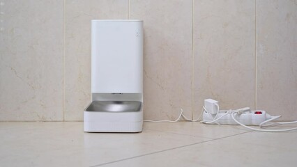 Dachshund dog in striped clothes runs up to an automatic pet feeder greedily eats dry food wagging its tail Smart device with timer and dispenser for feeding puppies. Programmed power mode, smart home