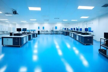 Interior design of computer lab with white lights and blue floor