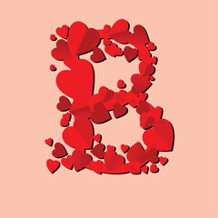 Vector B red hearts alphabet on a white background