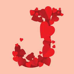 Vector J red hearts alphabet on a white background