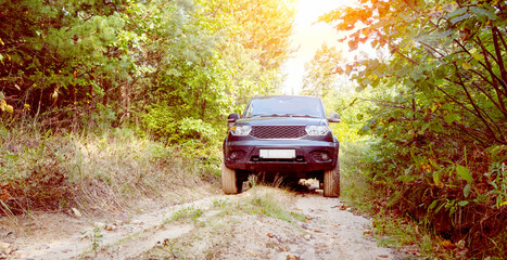 an SUV on a forest road overcomes off-road © I