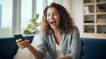 Excited happy young woman holding smart phone device sitting on sofa at home. Happy satisfied female looking at mobile smartphone screen, gesturing and shout yes. generative AI - obrazy, fototapety, plakaty