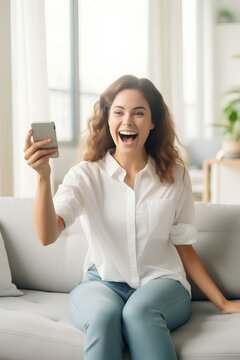 Excited happy young woman holding smart phone device sitting on sofa at home. Happy satisfied female looking at mobile smartphone screen, gesturing and shout yes. generative AI