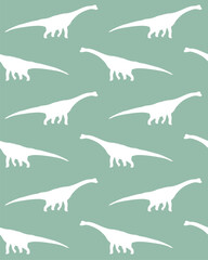 Vector seamless pattern of diplodocus dinosaur silhouette isolated on green background