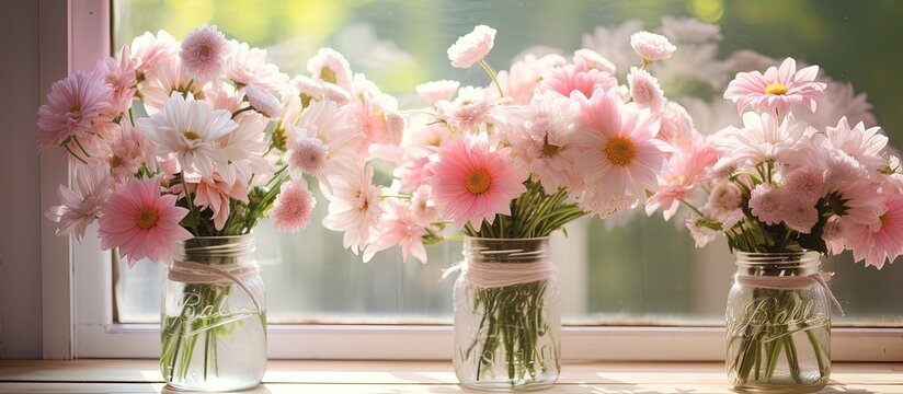 Glass jars with white and pink flowers and a note wishing you a pleasant day.