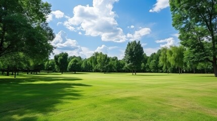 Obraz premium green manicured lawn and green forest tree at background.