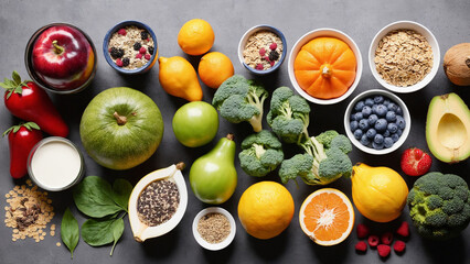 Background with fruits and vegetables from above