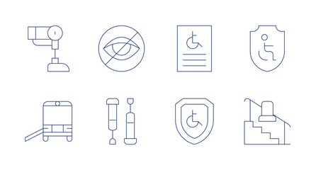 Disability icons. editable stroke. Containing bionic leg, blind, bus, crutches, poster, protection, shield, stairs.