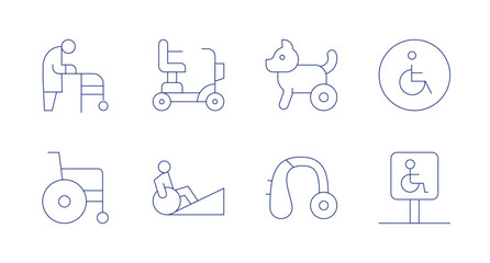 Disability icons. editable stroke. Containing disabled, hearing aid, parking, ramp, walker, wheelchair.