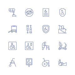 Disability line icon set on transparent background with editable stroke. Containing bionic leg, blind, bus, crutches, disability, disabled sign, handicapped, parking, poster, protection, ramp, shield.
