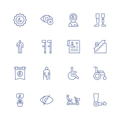 Disability line icon set on transparent background with editable stroke. Containing accessibility, blind, broken arm, crutches, disability, disabled person, growth, low vision, placeholder.