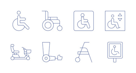 Disability icons. editable stroke. Containing disability, disabled sign, handicapped, parking, prothesis, toilet, wheelchair.