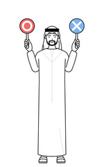 Muslim Man holding a placard indicating correct and incorrect answers.