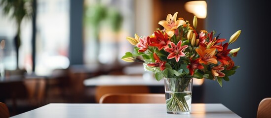 Fototapeta na wymiar Decorative vase with gorgeous flowers on cafe restaurant table.