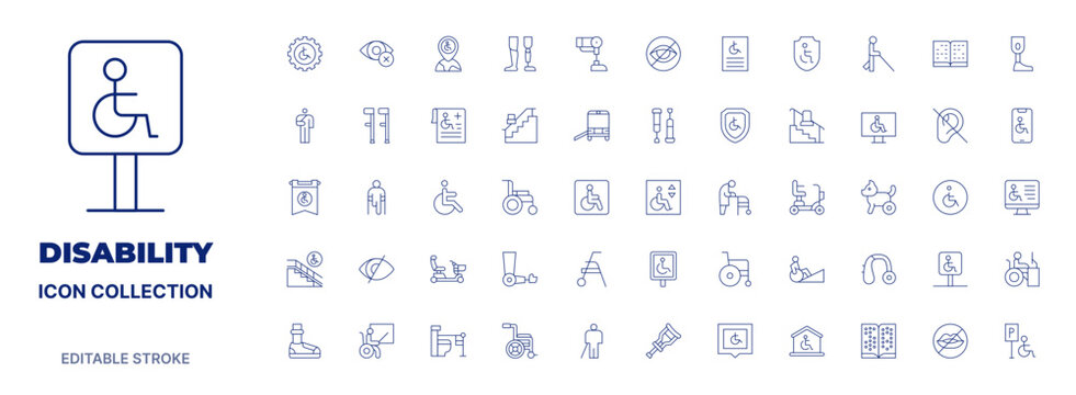 Disability icon collection. Thin line icon. Editable stroke. Editable stroke. Disability icons for web and mobile app.