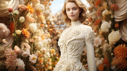 Beautiful model in a elegant dress in a flower garden