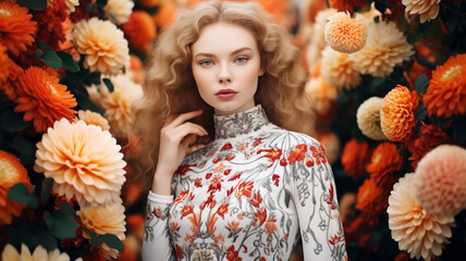 Beautiful model in a elegant dress in a flower garden