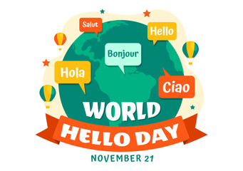 World Hello Day Vector Illustration on November 21 of Speech Bubbles with Different Languages from all over the Country in Flat Cartoon Background © denayune