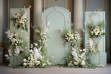 wedding backdrop aesthetic flower decoration light green indoor minimalist studio background