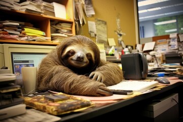 Photo sloth being lazy in the office Generative AI. - obrazy, fototapety, plakaty