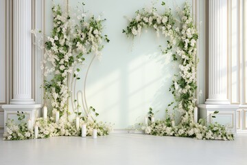 Fototapeta na wymiar wedding backdrop aesthetic flower decoration light green indoor minimalist studio background