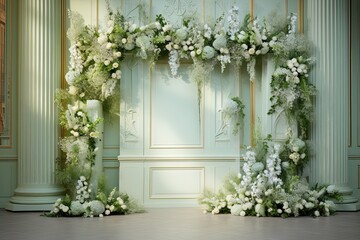wedding backdrop aesthetic flower decoration light green indoor minimalist studio background