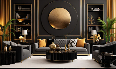 Art deco style interior design of modern living room with cloudy brown sofa against grey wall