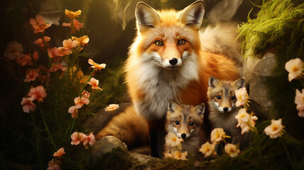 Mother fox with her cubs surrounded by flowers