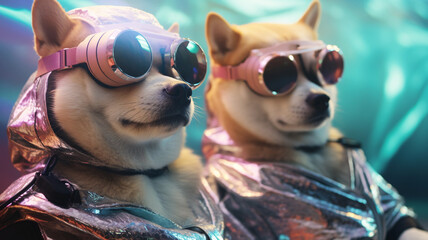 Futuristic cyber dogs with fashionable clothes and accessories