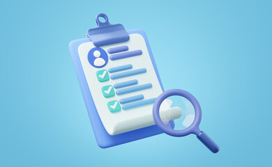 3d Functional testing checklist for job interview icon. CV resume document on clipboard, magnifier glass. Personal profile icon for worker HR search, human resources. Cartoon 3d render. Clipping path.