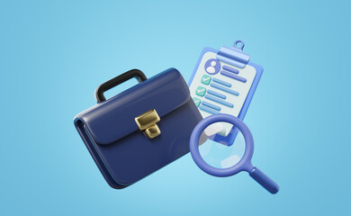 3d job search illustration. Interview approved document on clipboard, checklist, employee briefcase, magnifier glass isolated. job recruitment banner concept. 3d render cartoon icon. Clipping path.